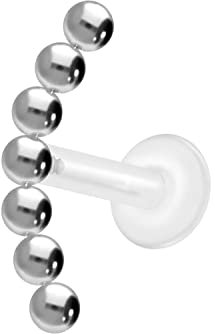 PIERCINGLINE PTFE Labret mit Gewinde Titan Aufsatz 7 KUGELN Piercing Lippe Nase Ohr Helix Tragus Medusa Silberfarben 1,2 x 6 mm