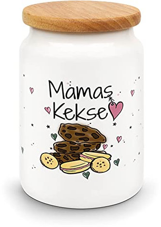PR Print Royal Vorratsdose mit Spruch - Mamas Kekse - Hochwertige Keramikdose mit Holzdeckel - Keksdose aus Keramik - 650 ml, Lebensmittelecht | Persönliche Geschenkidee