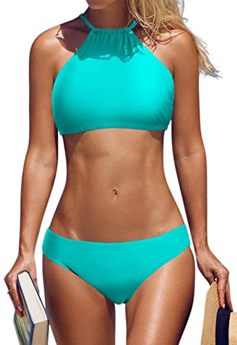 CharmLeaks Womens Bikini Sets Halter Neck 2 Piece Bathing Suit Aqua XL