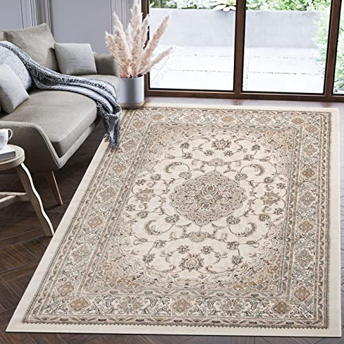 Mazovia Teppich Flur 120x170cm Creme Weiß Klassisch Weich Pflegeleicht | Teppich für Eingangsbereich Küche Büro Wohnzimmer Schlafzimmer Beige Fußbodenheizungsgeeignet Reinigungsmittelbeständig