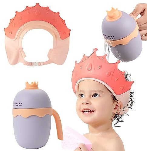 FUNUPUP Duschhaube Kinder mit Haarwaschbecher, Haarwaschhilfe Kinder Baby Haare Waschen Schutz (Krone Rosa)