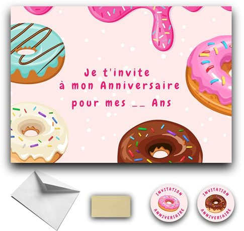 RXLITE 10 Einladungskarten zum Rubbeln, Motiv: Donuts, 10 Karten, 10 weiße Umschläge, 10 Aufkleber und 10 goldfarbene Aufkleber