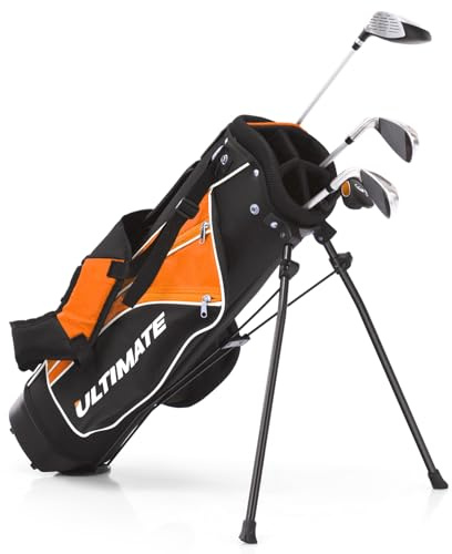 ULTIMATE Kids Golf Clubs Set with Stand Bag, Junior Complete Golf Club Set Right Hand w/ 205cc #3 Fairway Wood, #7 & #9 Irons, Putter, Foamed Head Cover & Rain Hood (Yellow, Ages 8-10)