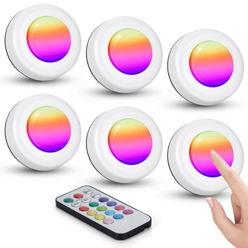Aigostar 6 Piezas Luz Nocturna Pilas con Control Remoto, Luz Armario 12 RGB Colores y Blanco Frío, Lámpara de Noche con Temporizador, para Vitrina, Cocina, Pasillo