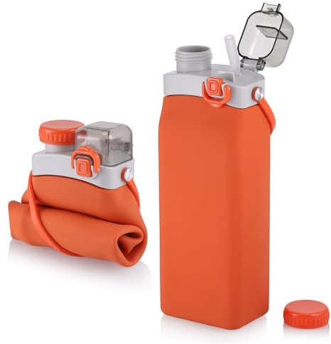 Fentar Gourde Pliable, 600 ml Gourde Avec Paille, Résistante à la Chaleur Gourde sans BPA, Gourde anti fuite,Gourde Pliable Silicone, Gourdes de Camping et Randonnée, Orange