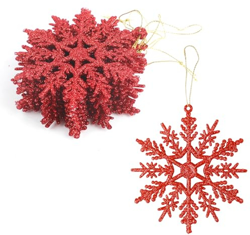 DERAYEE Weihnachtsdekoration Schneeflocke zum Aufhängen, Rot, 12 Stück, Deko-Set Schneeflocken, Weihnachten, Gold, für Baum
