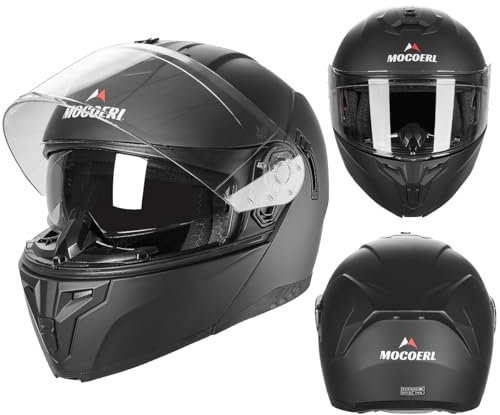 MOCOERL-Casque de Moto, Casque modulable, Casque intégral pour Hommes et Femmes avec Protection de Menton renforcée, Double visière, Certification ECE 22.06, Noir Mat (M)