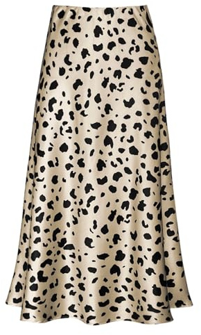 Modegal Women's Satin High Waist Hidden Elasticized Waistband Flared Casual A Line Midi Skirt, Leopard 01, L