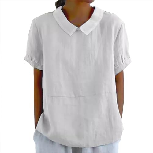 Damen T-Shirt Leinenbluse Sommer Baumwoll Leinen Oberteile Vintage Einfarbig Tunika Bluse Basic Kurzarm Locker Lässiges Bequemes Shirt Modisch Leinenhemd Hemdbluse Top