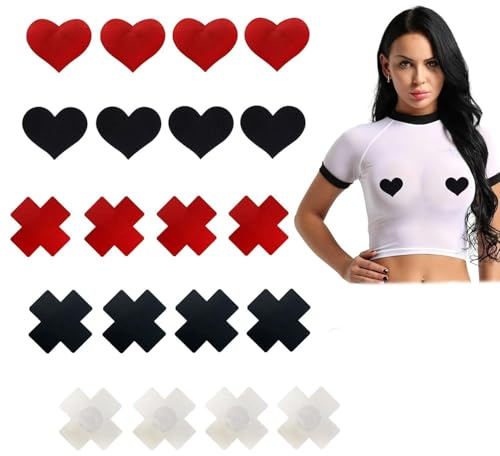 20 paires Cache-tétons auto-adhésifs invisibles, cache-tétons femme fins et discrets en forme de cœur et de croix noir et rouge Invisibles et Fins pour robes dos nu soirées danse sport