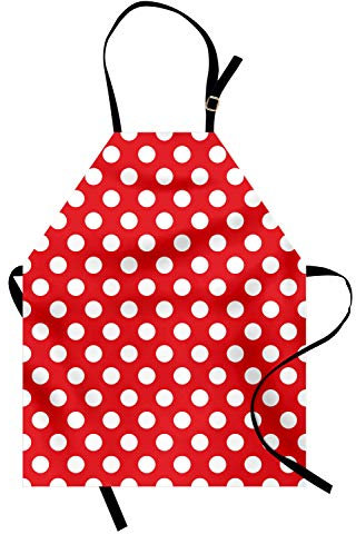 ABAKUHAUS Retro Kochschürze, 50er Jahre 60er Jahre ikonischen Pop-Art-Stil Big White Polka Dots Picknick Vintage Old Theme Bild, Maschienenwaschbar kein Verblassen, Zinnoberrot Weiß