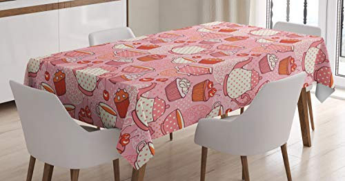 ABAKUHAUS Dessin animé Nappe, Théières Coupes gâteaux, Linge de Table Rectangulaire pour Salle à Manger Décor de Cuisine, 140 cm x 170 cm, Rose Orange et Rouge