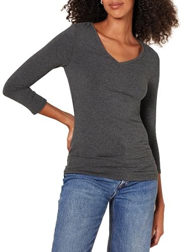 Amazon Essentials Women's Regular-Fit 3/4 Sleeve V-Neck T-Shirt (Available in Plus Size), Charcoal Heather, M