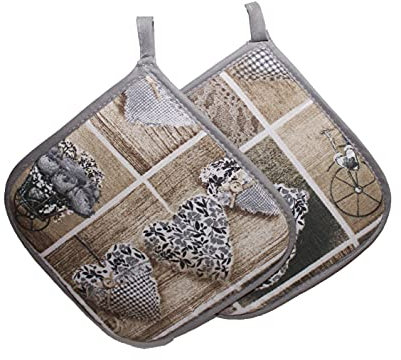 Russo Tessuti Coppia 2 Presina Forno Shabby Cuore Allungato Cucina Cordinato 19x19cm-Grigio