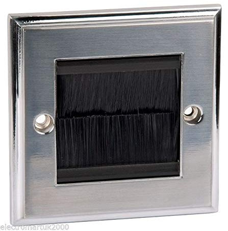 K M Electronics® Cable Tidy Wall Plate FACEPLATE 1 Gang Single Brushed Chrome Black Brushes