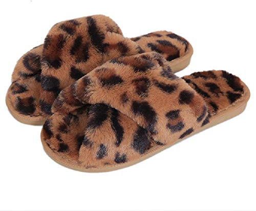 AONEGOLD Pantofole da casa per Donna Invernali Warmer Peluche Ciabatte Croce Morbido Open Toe Pantofole Antiscivolo Elegante Leopardo Scarpe(Marrone,Taglia 38-39)