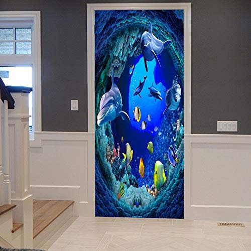 A.Monamour Türtapete Selbstklebend Türfolie Türposter 3D Blaue Tiefe Ozean Unterwasser Schwimmende Delphin Gelbe Fisch Koralle Vinyl Folie Türdeko Tapete Wandbild Türaufkleber Türtattoo 77 x 200 cm