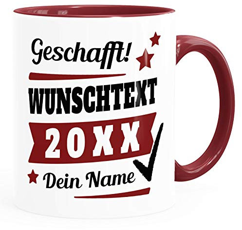 SpecialMe® Tasse mit Name personalisiert Geschafft! eigener Text Geschenk Abschluss-Prüfung bordeauxrot Keramik-Tasse