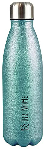 Botella de agua de acero inoxidable con purpurina, diseño propio con nombre y símbolo de corona. Botella isotérmica con purpurina, botella de agua sin BPA, regalo personalizado, color turquesa, 500 ml