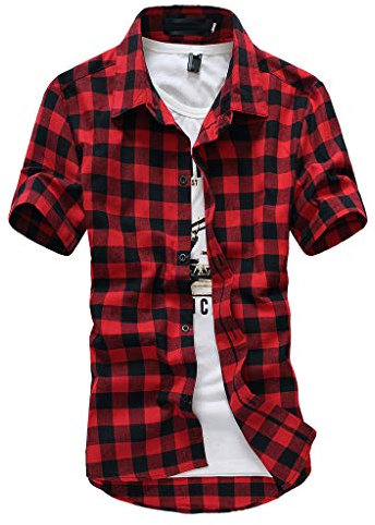 Cenlang Men's Western Cowboy Long Sleeve Casual Work Shirts Slim-Fit Button Down Plaid Flannel Shirts Brushed Dress Shirt Red