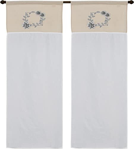 coppia tendine a vetro da cucina a pannello con passante unico art rouen tessutto effetto lino seta in poliestere con applicazione rose per finestra e porta finestra mis 60x240cm dis fiore grigio