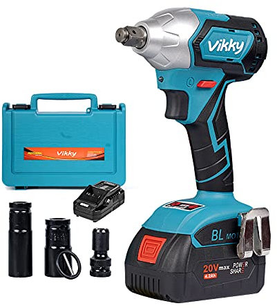 Vikky 20V Brushless Schlagschrauber 4.2 Ah 350 N.M Automatischer Start-Stopp Akku-Schlagschrauber 4-Speed Schlagschrauber-Kit, 1/2, 3000 lb, 2700RPM