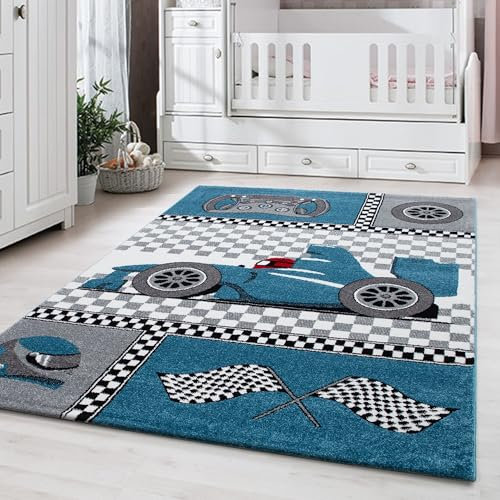 Carpetsale24 Kinderteppich Rennwagen Design Blau 120x170 cm – Rechteckiger Spielteppich für Jungs – Hautfreundlich & Farbenfroh