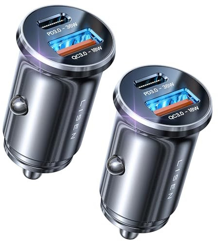 LISEN 2Pack Car Phone Charger USB C Car Charger 54W+54W [USBC 36W+USBA 18W] PD3.0 12V USB Socket Fast Charge [Metal] Cigarette Lighter USB Car Charger Adapter for iPhone 17 Pro Max Air 16 Samsung iPad