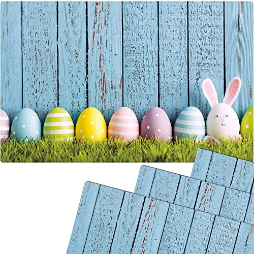 matches21 Frühlingshafte Tischsets Platzsets Motiv abwaschbar Osterhase Ostereier Blaue Holzwand bunt 4er 43,5x28,5 cm
