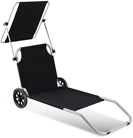Yakimz Sonnenliege Liegestuhl, Gartenliege Strandliege Klappbar mit Sonnenschutz 2 Rädern, Campingliege Faltbar Kippliege, Rollen Strandliege Verstellbare Rückenlehne, Schwarz
