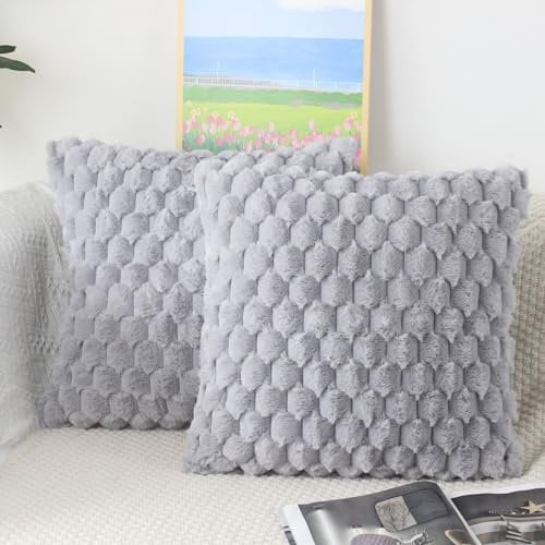 NIULAA Faux Fur Cushion Covers 45 x 45 Grey Set of 2 Fluffy Plush Cushion Covers 18x18 Pillow Covers Soft Fuzzy Pillowcases Moroccan Style Home Decor Cushion Cover