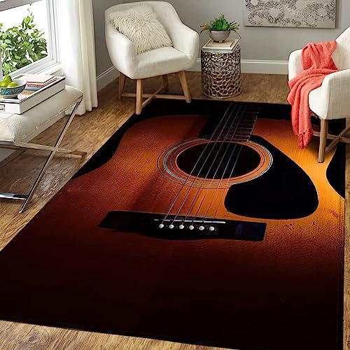 TEMLAN Retro-Holzgitarre Teppiche Gegend, Musikliebhaber Schwarz Waschmaschinenfest Große Teppiche für Wohnzimmer, Schlafzimmer, Kinderzimmer, Büro, etc 180 x 280cm