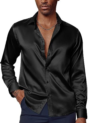 PaulJones Mens Long Sleeve Smart Casual Shirt with Bow Tie - L Black