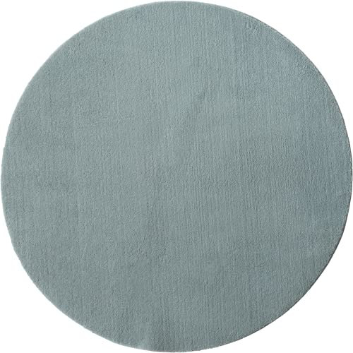 Mia´s Teppiche Taos kuscheliger Kurzflor Teppich, Anti-Rutsch Unterseite, Waschbar bis 30 Grad, Super Soft, Felloptik, Blue, 200 x 200 cm Round