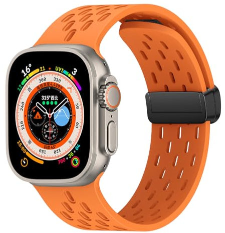 WoPail Correa Magnética para Apple Watch Series 10 46mm/Apple Watch Ultra 2 49mm 45mm 44mm 42mm Silicona Respirable Correas Banda Deportiva Pulsera para iWatch Series 9/8/7/6/5/4/3/2/1/Ultra Naranja