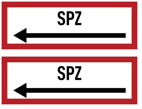 Aufkleber: 74x210 mm, 2 Stück - SPZ - Sprinklerzentrale - Hinweisschild auf Brandschutzeinrichtung und Einsatzhinweise - DIN 4066 - D2 mit Richtungspfeil links
