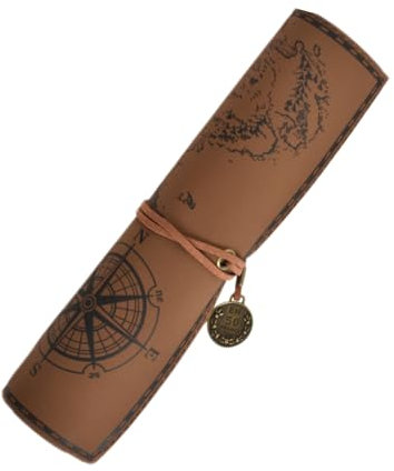 Wisebom Vintage Kasten Bleistifthalter, Bleistift Wrap mit Große Kapazität, Stifteetui Rolle Leicht zu Tragen, Federmappe Leder mit Aufgedruckter Schatzkarte, Rollmäppchen für Künstler(Dunkelbraun)