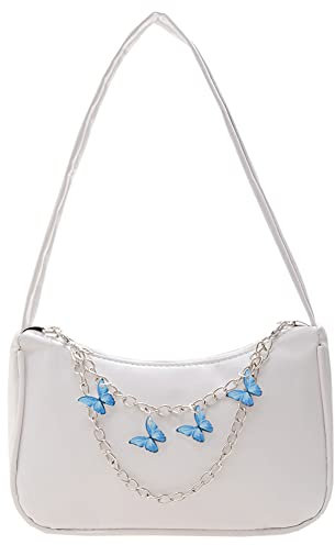 ARVALOLET Vintage Damen Handtasche mit Schmetterling Kette, PU Leder Schultertasche, Einfarbige Unterarmtasche, Kleine Geldbörse