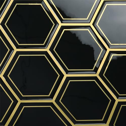 VaryPaper 3d Fliesenaufkleber Sechseckig Schwarz Gold 30.5cmx30.5cm 20 Stück Selbstklebende Fliesen Küche Fliesenfolie Bad Wasserfest Küchenfliesen überkleben Küchenrückwand Folie Fliesensticker