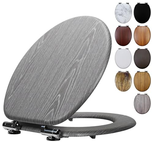 Fanmitrk Grey Wooden Toilet Seat with Soft Close Adjustable Solid Hinges, MDF Wood Oval Toilet Seat (Grey Wood Grain Effect)