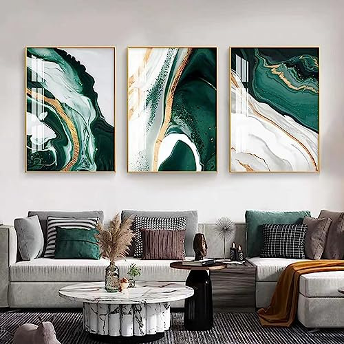 FSLEOVN 3er Set Leinwand Bilder, Grün und Gold, Abstrakte Poster Marmor, Grüne Gold Textur Bild auf Leinwand, Moderne Kunstdruck Wand Bilder, Kein Rahmen (B,50x70cm x3)