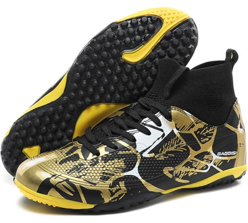 VTASQ Boys Football Boots Shoes Kids Astro Turf Trainers Kids Non-Slip Teenager Outdoor Football Shoes Girls Breathable Sneakers Unisex Black Gold 6UK