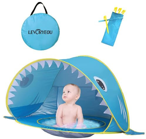 Balakaka Tente de Plage Bébé avec Piscine, 115 * 65 * 70cm Portable Requin Pop-Up Tente Plage Installation Facile, Amovible Abri de Plage Anti UV pour Intérieur Extérieur Plage Jardin, Bleu