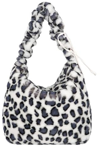 Meliyya Plüsch Handtasche Damen Leopardenmuster Flauschige Tote Bag Schultertasche Große Shopper Uni Arbeit Mädchen Schule, Leopardenmuster Weiß