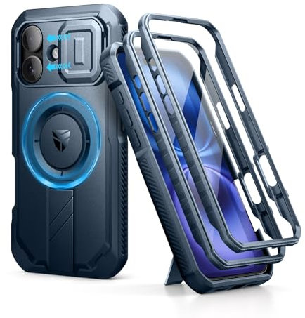 Dexnor Cover Magnetica per iPhone 16 con Copertura Della Fotocamera Scorrevole & Cavalletto Regolabile & Protezione Dello Schermo Integrata, Heavy Duty Robuste Antiurto Custodie - Blu Marino