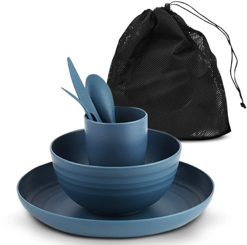 AdvntrPro 5pc Camping Cutlery Set for 1 with Travel Bag - Camping Plates and Bowls Set for 1 with Picnic Plates and Bowls, Reusable Cutlery, Cup and Travel Bag for Outdoor Dining (Blue)