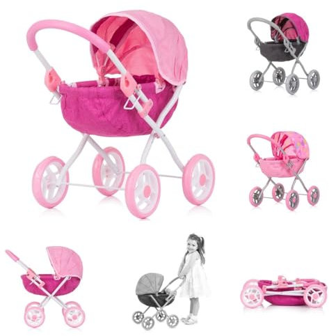 Chipolino Puppenwagen Daisy klappbar, Sonnendach, Vier große Räder, ab 3 Jahren pink