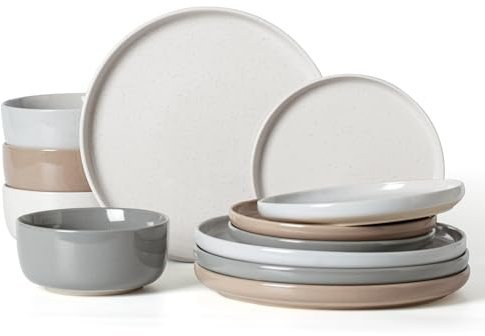 Richmount Milkyway Plates and Bowls Set, 12 Piece Dinner Set, Speckled Stoneware Dinner Set for 4, Chip and Scratch Resistant Dinnerware Sets, Dishwasher & Microwave Safe, Multi-Color