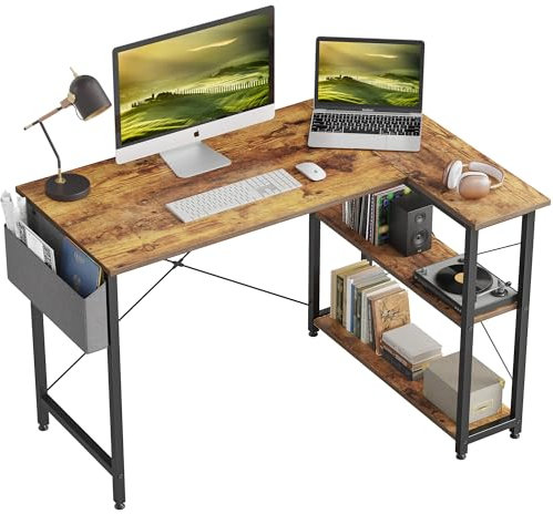 CubiCubi Schreibtisch mit Regalen, Kleiner L-förmiger Eckschreibtisch mit Ablagefächern, Schreibtisch für Heimbüro, Umkehrbarer Computertisch Gaming Tisch,120cm Hellbraun