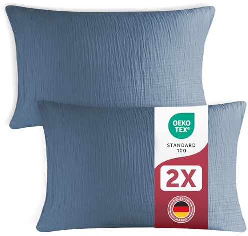 Blumtal Musselin Kissenbezug 40x80 cm 2er Set - Dunkelblau | OEKO-TEX zert. Kissenbezug Musselin aus 100% Baumwolle - extra weiches Kissen-Set waschbar bei 40 °C